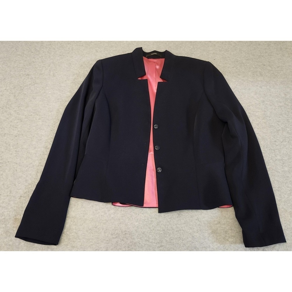 Tahari Blazer Womens 12 Navy Blue Peplum‎ Jacket Collarless Pink Lining Buttoned